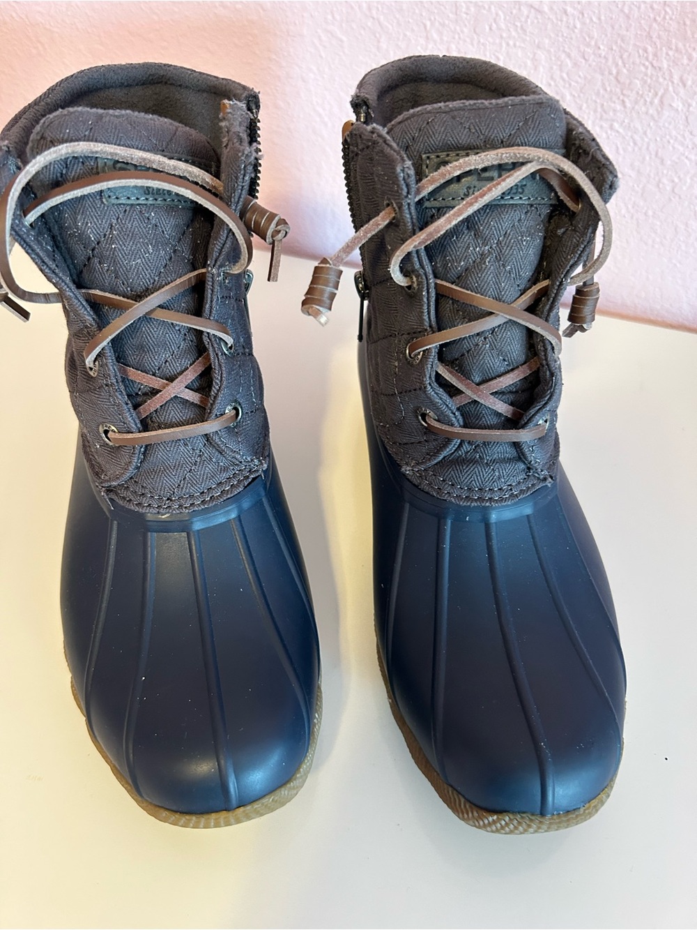 Sperry Quilted Duck Boots in Gray and Navy - Picture 2 of 5